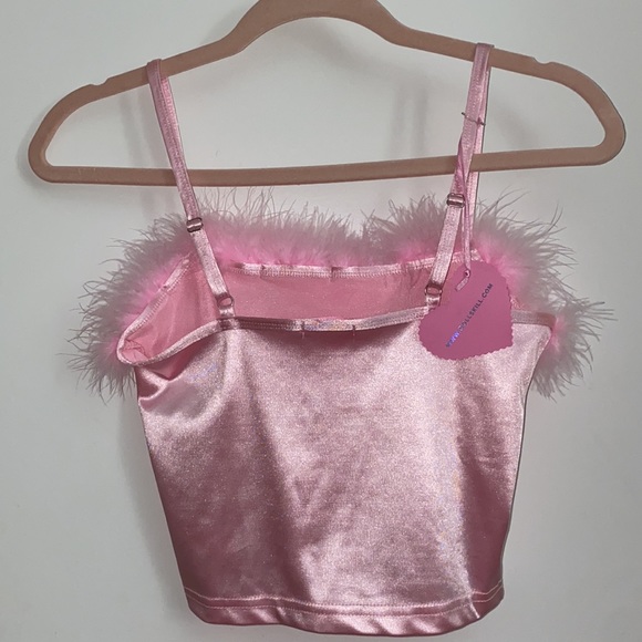 RARE Dolls Kill Pink Fluffy Feather Satin Crop Top - Picture 6 of 9